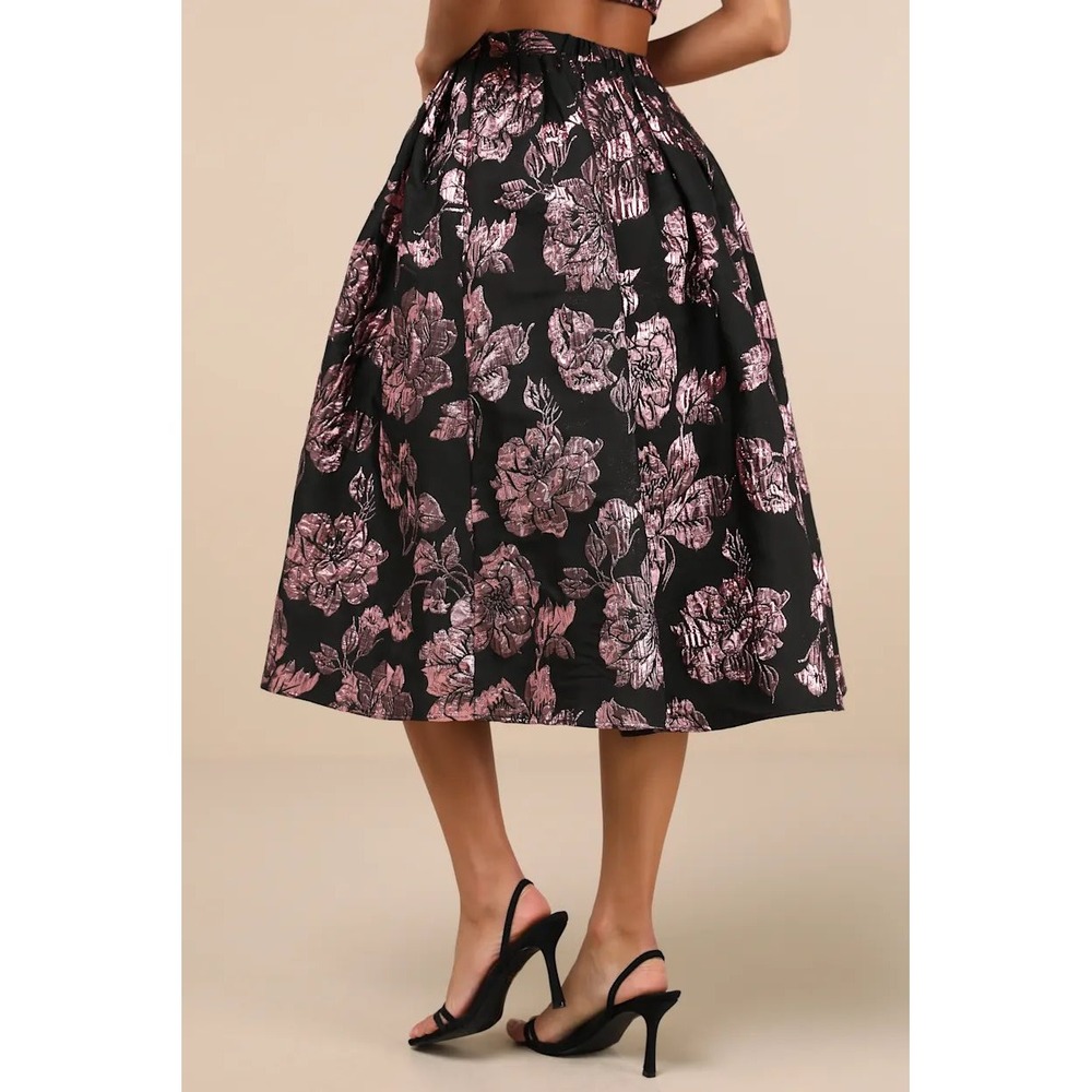 Lulus Pink Floral Metallic Jacquard Midi Skirt Black High Waisted Pleated M NWT